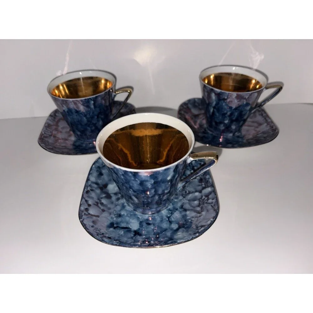 Vintage Wawel Poland Mid Century Demitasse Cup & Saucer Set 3 Blue Marbled Gold